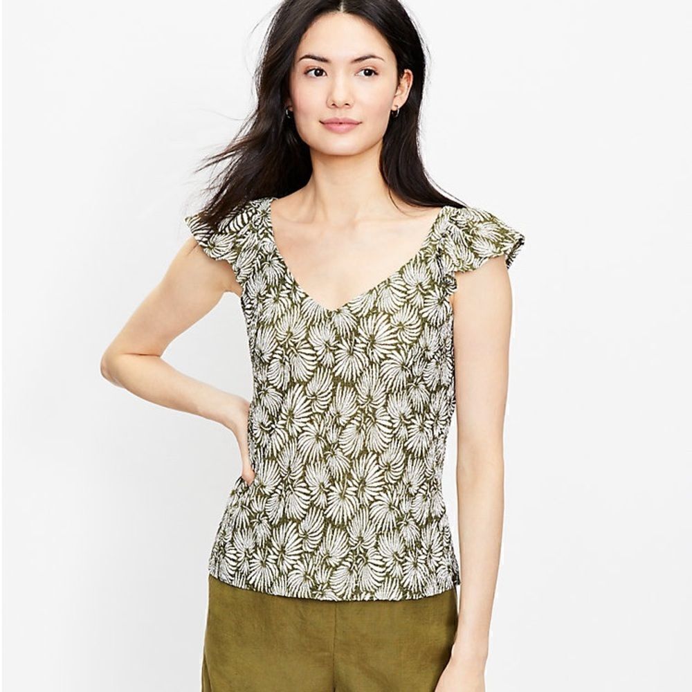 Loft Ann Taylor Leafed Ruffle V-Neck Tank Top